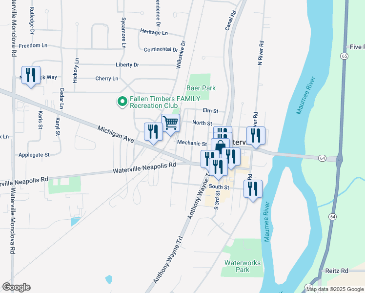 map of restaurants, bars, coffee shops, grocery stores, and more near 29 North 5th Street in Waterville