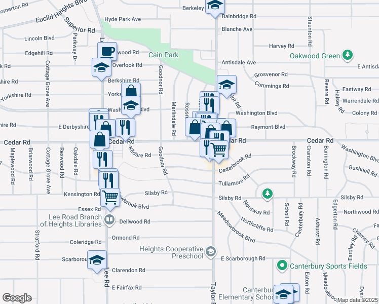map of restaurants, bars, coffee shops, grocery stores, and more near 3393 Kildare Road in Cleveland Heights