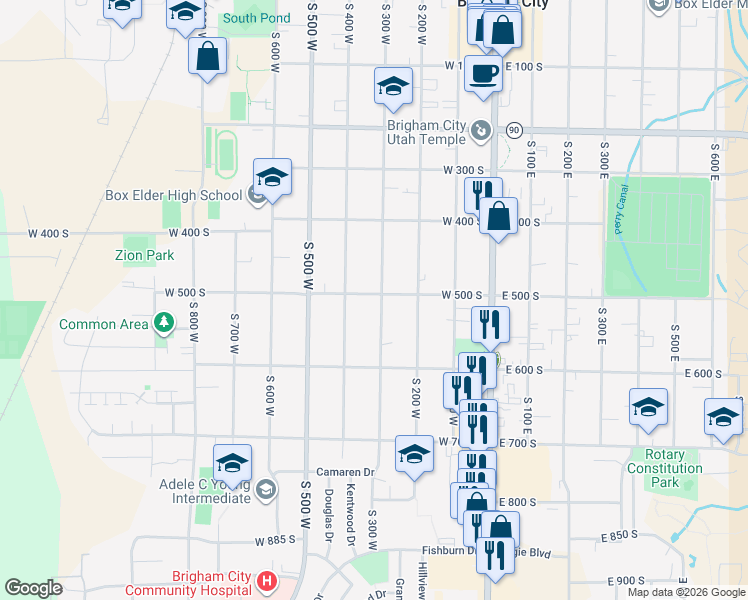 map of restaurants, bars, coffee shops, grocery stores, and more near 325 West 500 South in Brigham City
