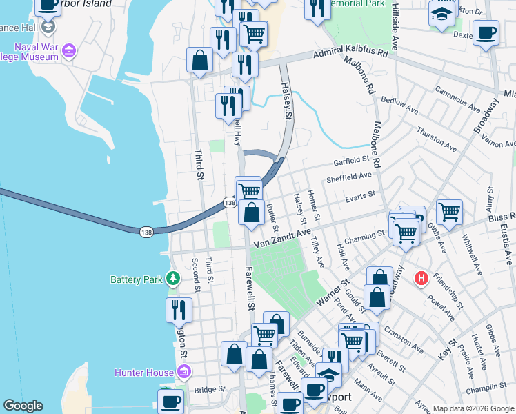map of restaurants, bars, coffee shops, grocery stores, and more near 18 Butler Street in Newport