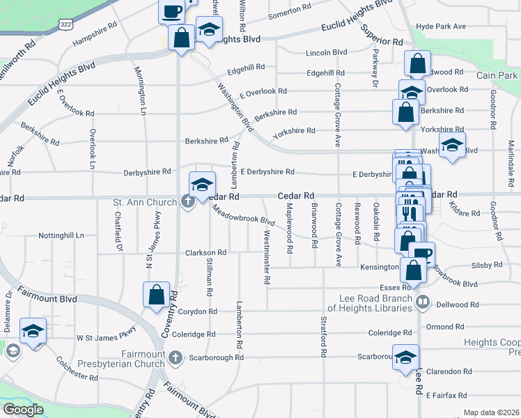 map of restaurants, bars, coffee shops, grocery stores, and more near 2171 Westminster Road in Cleveland Heights