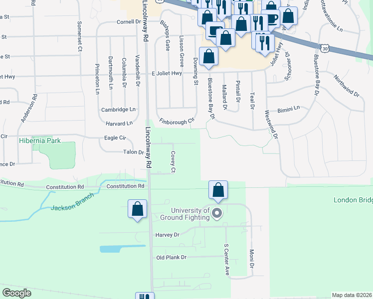 map of restaurants, bars, coffee shops, grocery stores, and more near 12641 Quails Roost Drive in New Lenox