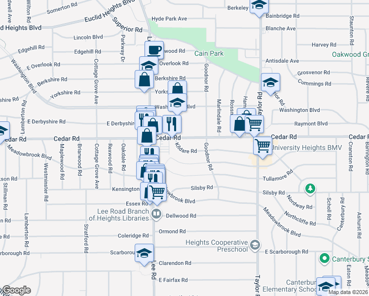 map of restaurants, bars, coffee shops, grocery stores, and more near 3267 Kildare Road in Cleveland Heights