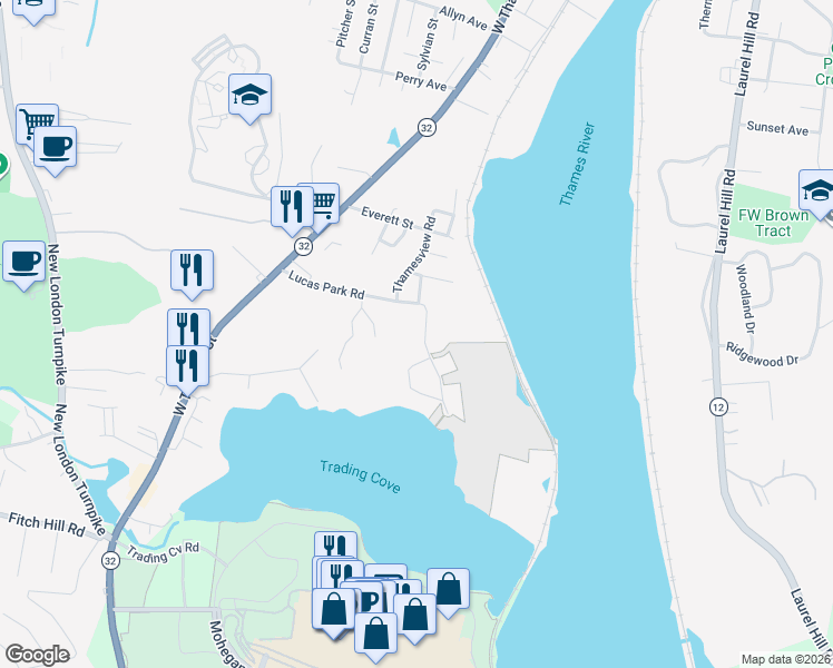 map of restaurants, bars, coffee shops, grocery stores, and more near 75 Lucas Park Road in Norwich