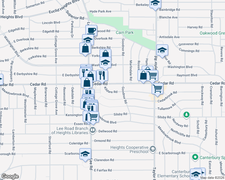 map of restaurants, bars, coffee shops, grocery stores, and more near 3267 Kildare Road in Cleveland Heights