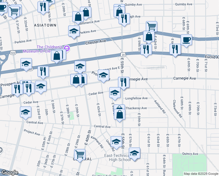 map of restaurants, bars, coffee shops, grocery stores, and more near 4807 Cedar Avenue in Cleveland