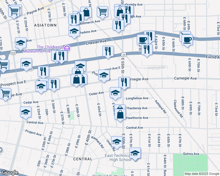 map of restaurants, bars, coffee shops, grocery stores, and more near 4807 Cedar Avenue in Cleveland