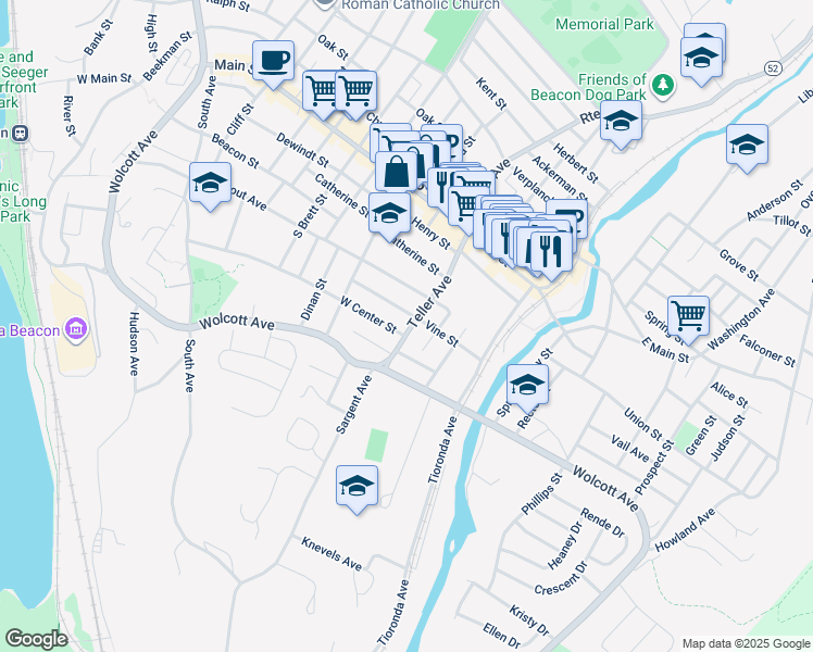 map of restaurants, bars, coffee shops, grocery stores, and more near 39 New York 52 in Beacon