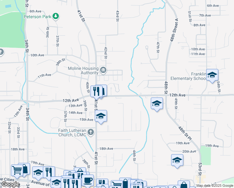 map of restaurants, bars, coffee shops, grocery stores, and more near 179 12th Avenue in Moline