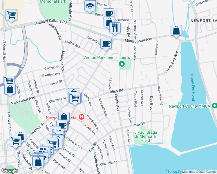 map of restaurants, bars, coffee shops, grocery stores, and more near 12 Almy Street in Newport