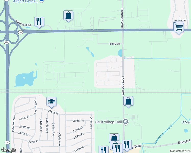 map of restaurants, bars, coffee shops, grocery stores, and more near 172 Carriage Lane in Chicago Heights