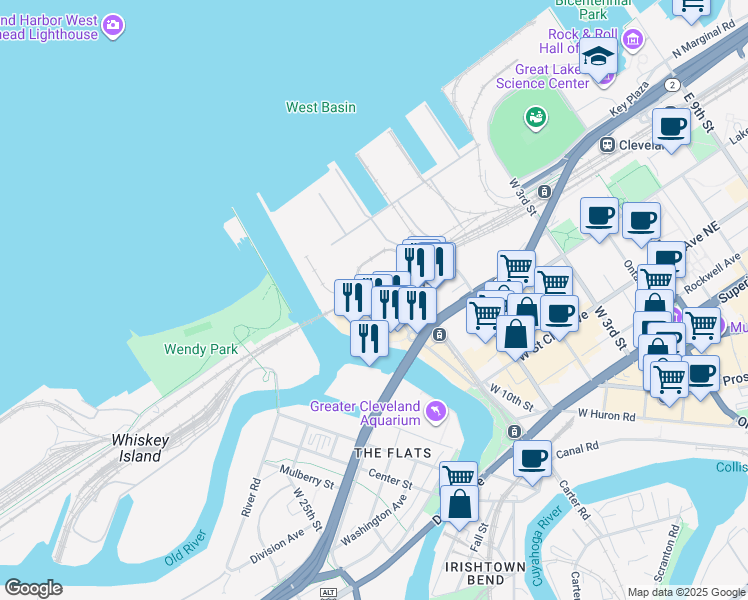 map of restaurants, bars, coffee shops, grocery stores, and more near 1150 Front Avenue in Cleveland