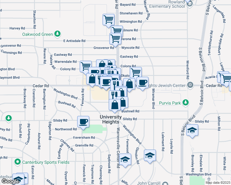 map of restaurants, bars, coffee shops, grocery stores, and more near 2176 Warrensville Center Road in University Heights