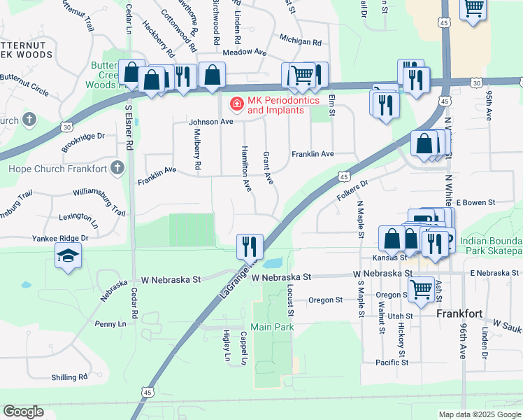 map of restaurants, bars, coffee shops, grocery stores, and more near 471 Pleasant Hill Road in Frankfort