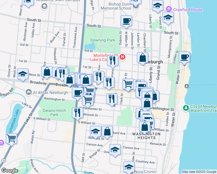 map of restaurants, bars, coffee shops, grocery stores, and more near 222 Broadway in Newburgh