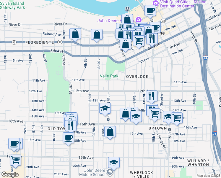 map of restaurants, bars, coffee shops, grocery stores, and more near 1109 12th Avenue in Moline