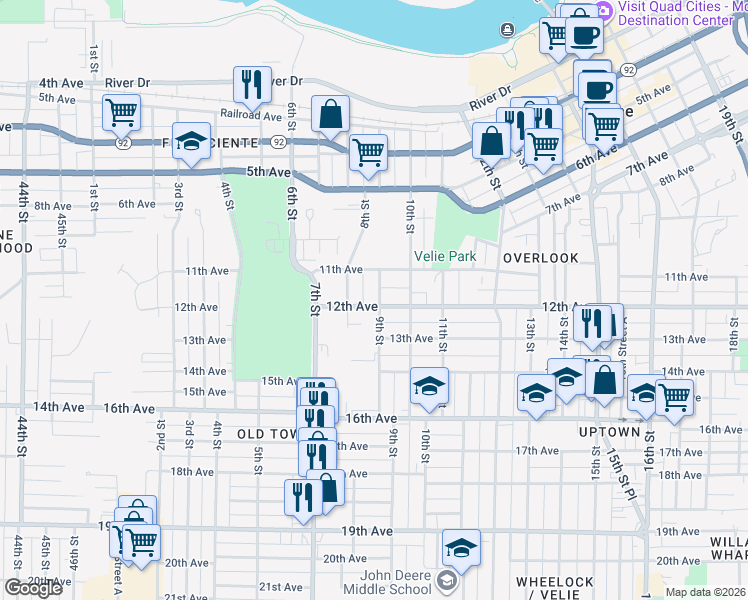 map of restaurants, bars, coffee shops, grocery stores, and more near 1131 9th Street in Moline