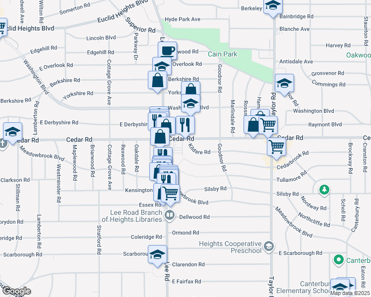 map of restaurants, bars, coffee shops, grocery stores, and more near 3246 Kildare Road in Cleveland Heights
