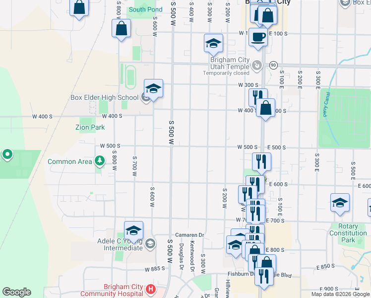 map of restaurants, bars, coffee shops, grocery stores, and more near 427 West 500 South in Brigham City