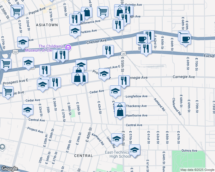 map of restaurants, bars, coffee shops, grocery stores, and more near 4801 Cedar Avenue in Cleveland