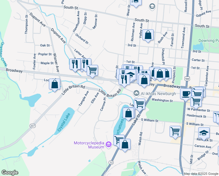 map of restaurants, bars, coffee shops, grocery stores, and more near 18 Little Britain Road in Newburgh