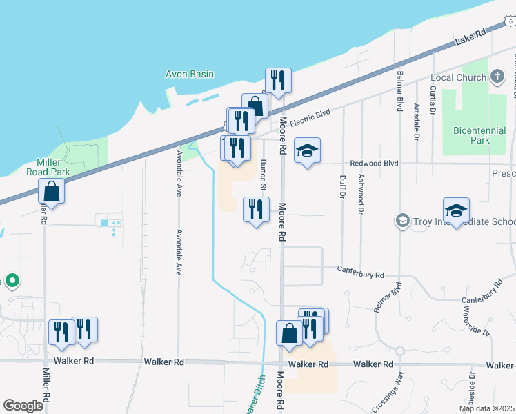 map of restaurants, bars, coffee shops, grocery stores, and more near 184 Burton Street in Avon Lake