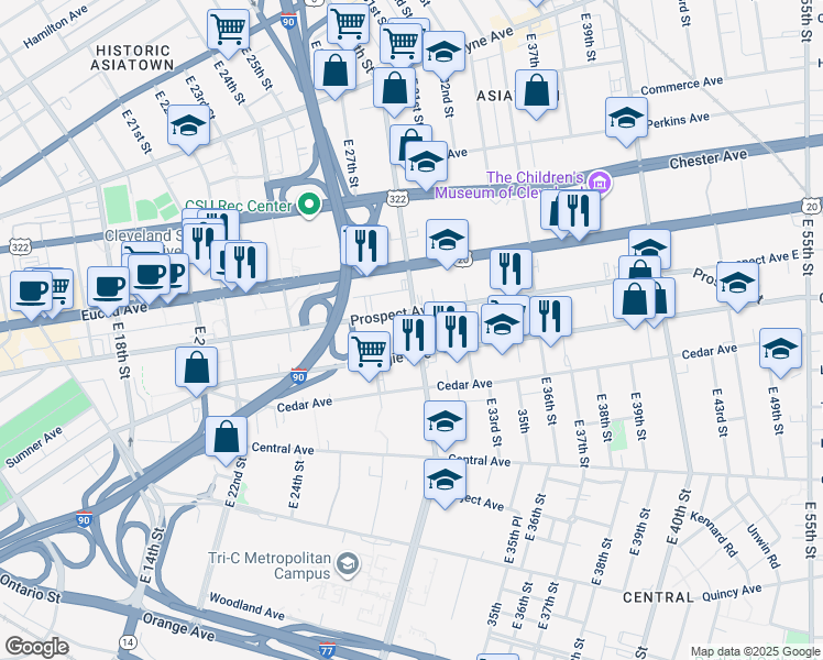 map of restaurants, bars, coffee shops, grocery stores, and more near 2062 East 30th Street in Cleveland