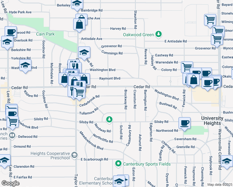 map of restaurants, bars, coffee shops, grocery stores, and more near 3605 Cedarbrook Road in Cleveland Heights