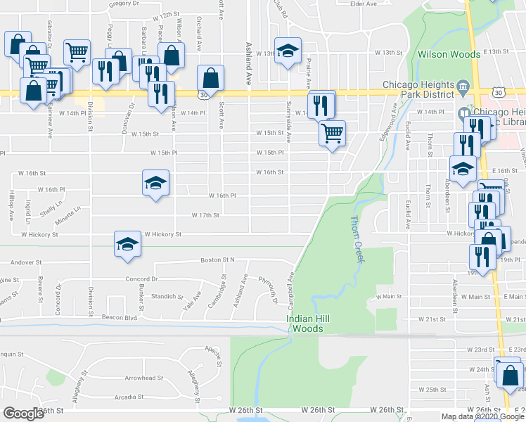 map of restaurants, bars, coffee shops, grocery stores, and more near 307 West 17th Street in Chicago Heights