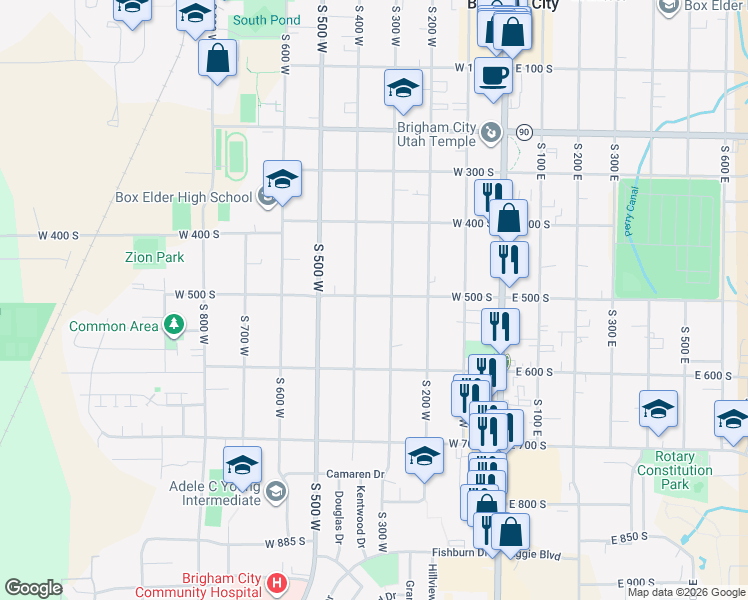 map of restaurants, bars, coffee shops, grocery stores, and more near 325 W 500 S in Brigham City