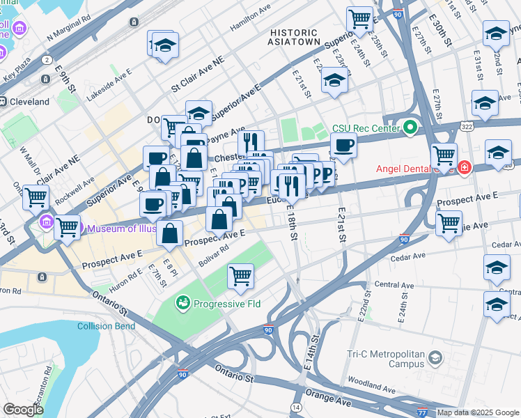 map of restaurants, bars, coffee shops, grocery stores, and more near 1600 Euclid Avenue in Cleveland