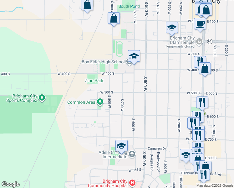 map of restaurants, bars, coffee shops, grocery stores, and more near 518 South 700 West in Brigham City