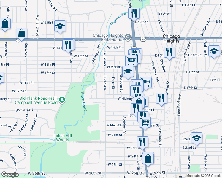 map of restaurants, bars, coffee shops, grocery stores, and more near 1655 Euclid Avenue in Chicago Heights