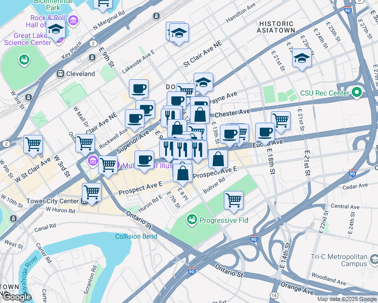 map of restaurants, bars, coffee shops, grocery stores, and more near 1021 U.S. 20 in Cleveland