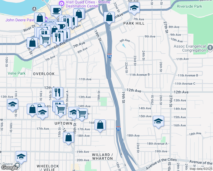 map of restaurants, bars, coffee shops, grocery stores, and more near 1825 12th Ave in Moline