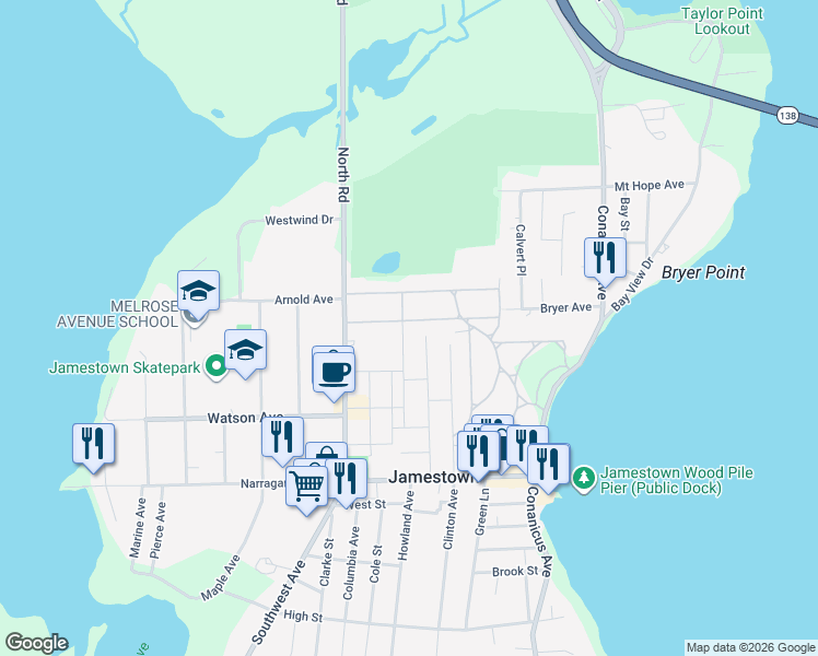 map of restaurants, bars, coffee shops, grocery stores, and more near 75 Grinnell Street in Jamestown