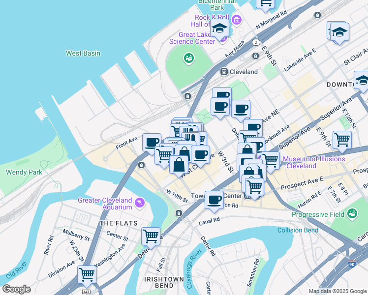 map of restaurants, bars, coffee shops, grocery stores, and more near 711 West Lakeside Avenue in Cleveland