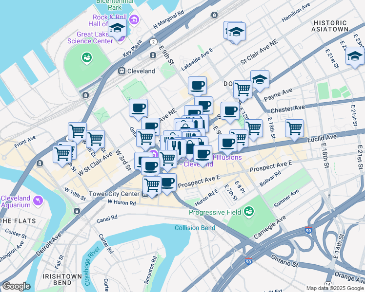 map of restaurants, bars, coffee shops, grocery stores, and more near 410 Superior Avenue in Cleveland
