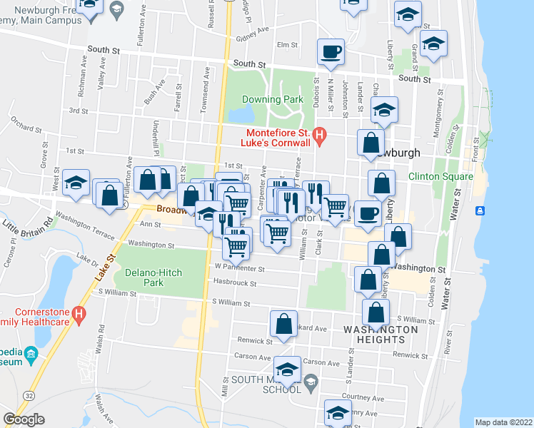 map of restaurants, bars, coffee shops, grocery stores, and more near 234 Broadway in Newburgh