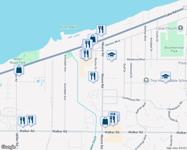 map of restaurants, bars, coffee shops, grocery stores, and more near 181 Somerset Lane in Avon Lake