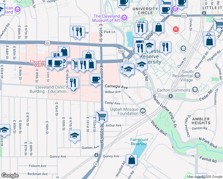 map of restaurants, bars, coffee shops, grocery stores, and more near 10520 Carnegie Avenue in Cleveland
