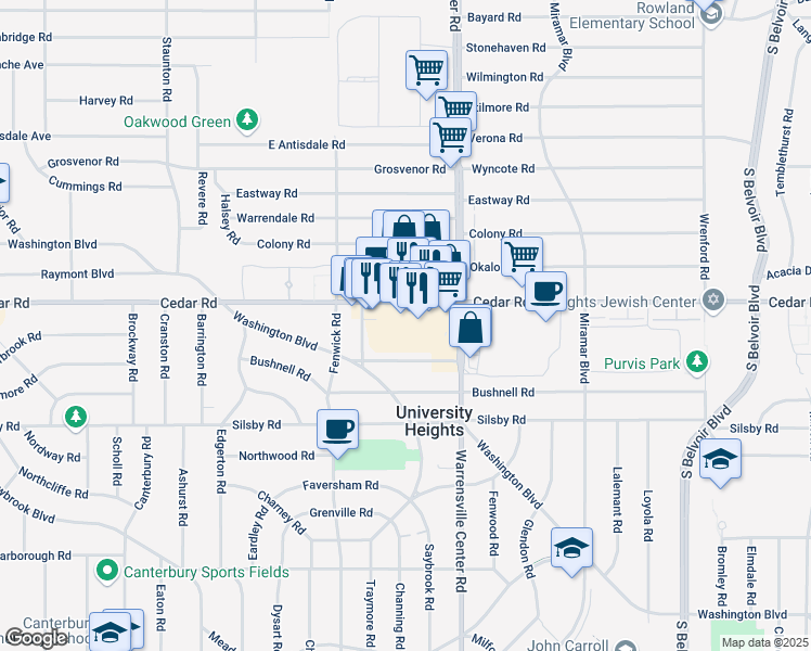 map of restaurants, bars, coffee shops, grocery stores, and more near 13924 Cedar Road in University Heights