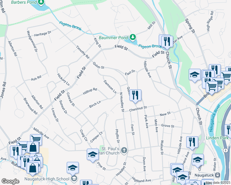 map of restaurants, bars, coffee shops, grocery stores, and more near 22 Damson Ln in Naugatuck