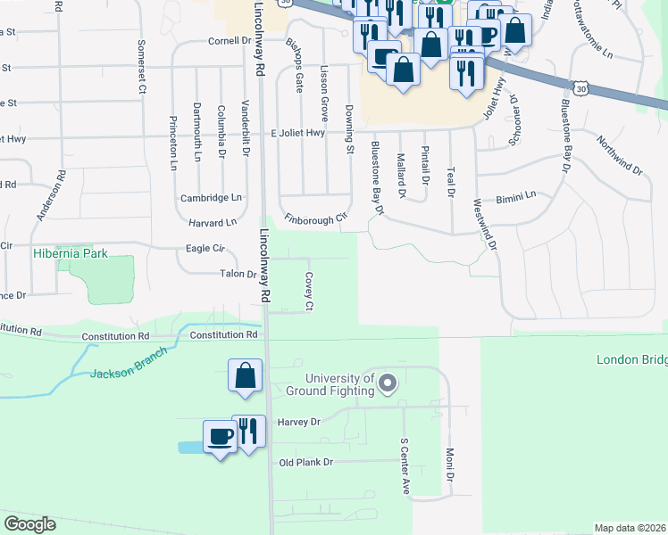 map of restaurants, bars, coffee shops, grocery stores, and more near 12641 Quails Roost Drive in New Lenox