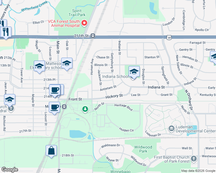 map of restaurants, bars, coffee shops, grocery stores, and more near 518 Antietam Street in Park Forest