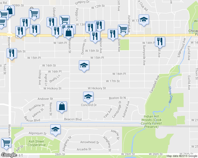 map of restaurants, bars, coffee shops, grocery stores, and more near 403 West 17th Street in Chicago Heights