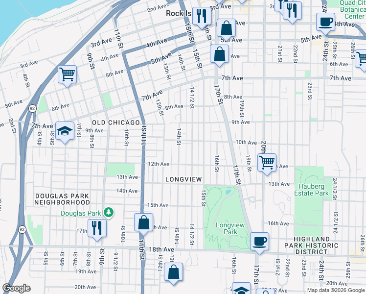 map of restaurants, bars, coffee shops, grocery stores, and more near 1021 14th Street in Rock Island