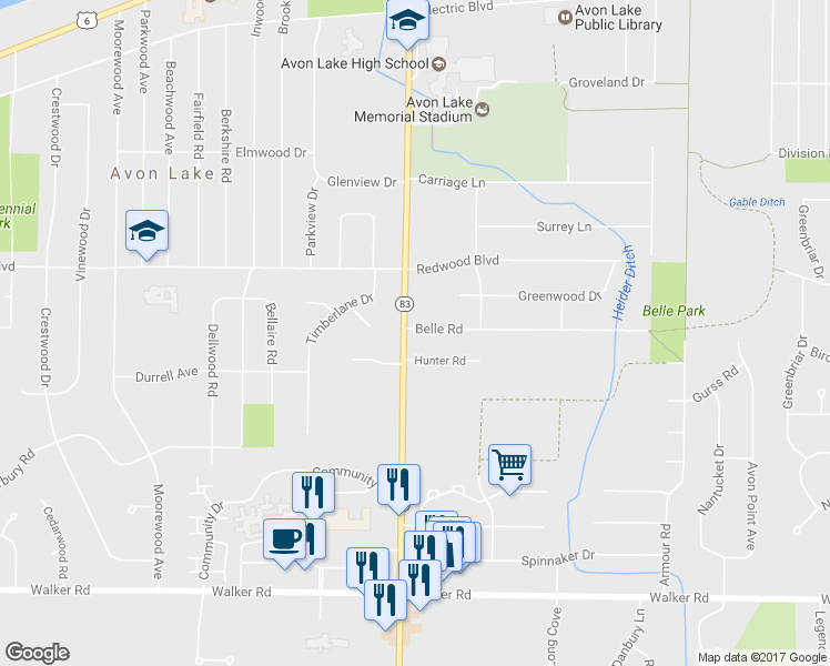 map of restaurants, bars, coffee shops, grocery stores, and more near 327 Avon Belden Road in Avon Lake