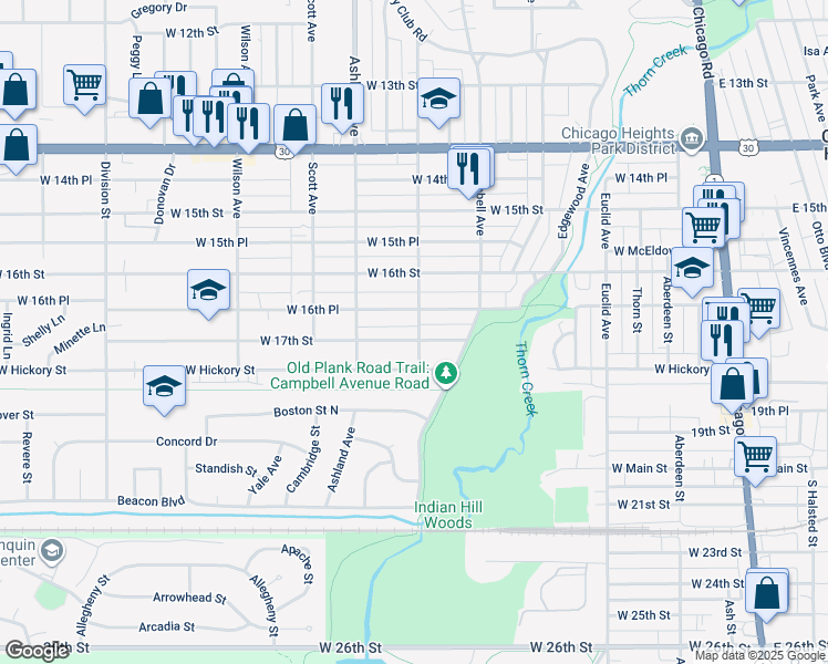 map of restaurants, bars, coffee shops, grocery stores, and more near 1650 Sunnyside Avenue in Chicago Heights