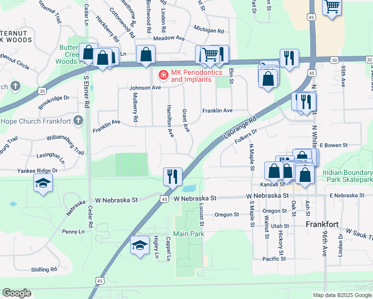 map of restaurants, bars, coffee shops, grocery stores, and more near 471 Pleasant Hill Road in Frankfort